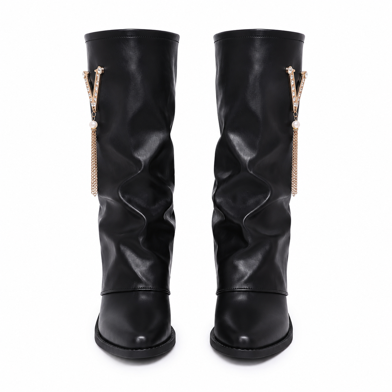 BLACK SLOUCHY MID CALF BOOTS