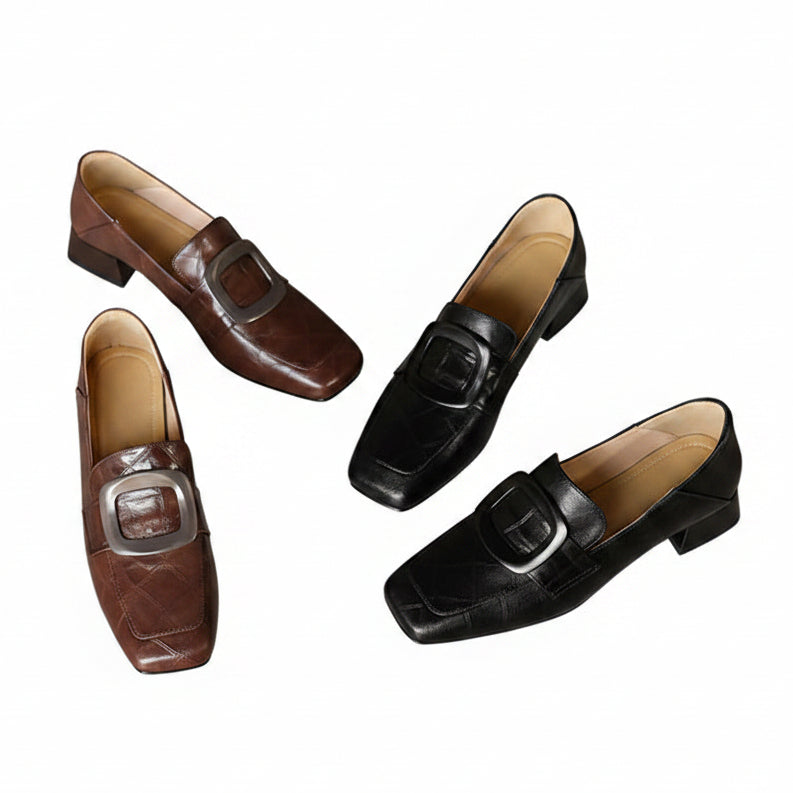 SQUARE TOE CROC EMBOSSED BLOCK HEELS