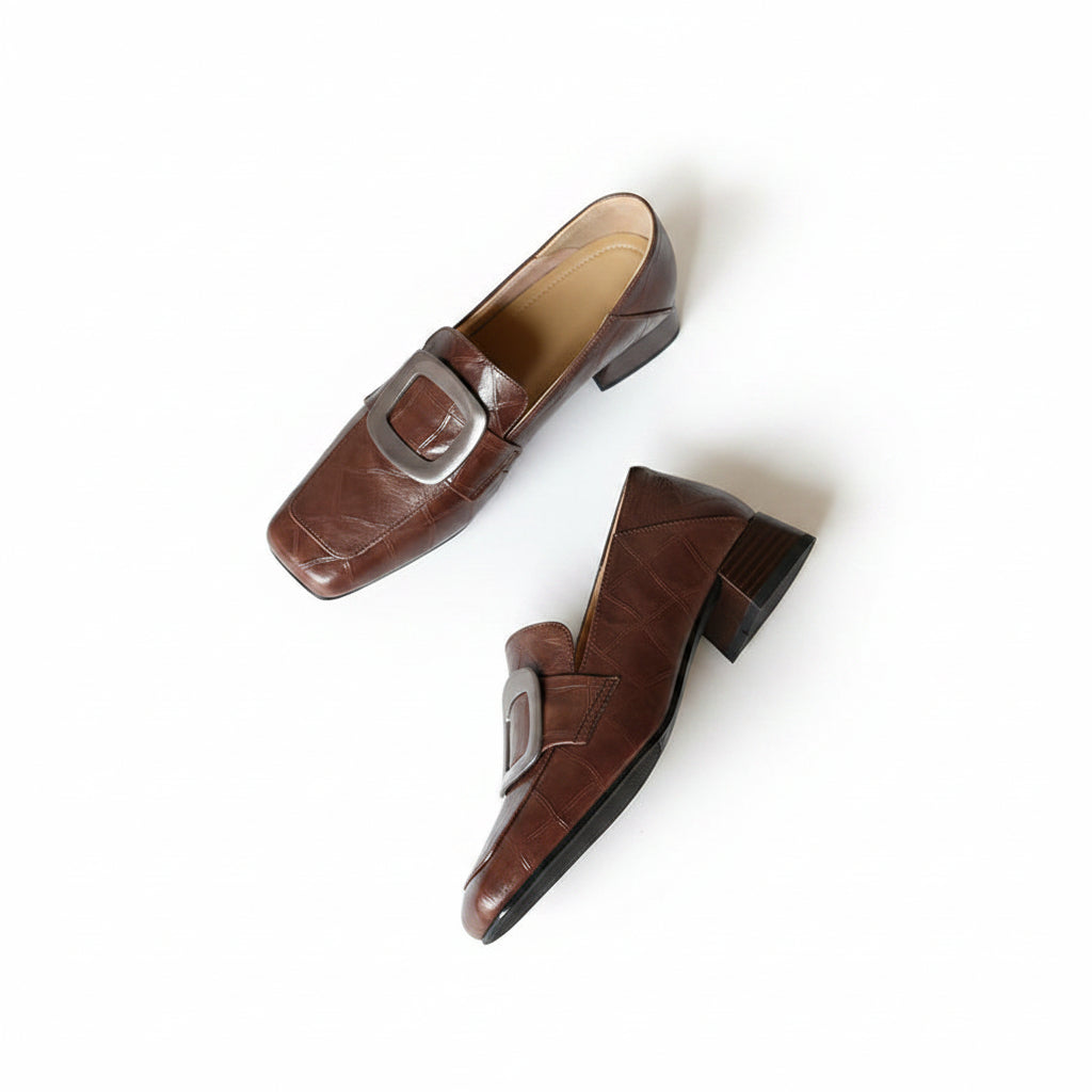 SQUARE TOE CROC EMBOSSED BLOCK HEELS