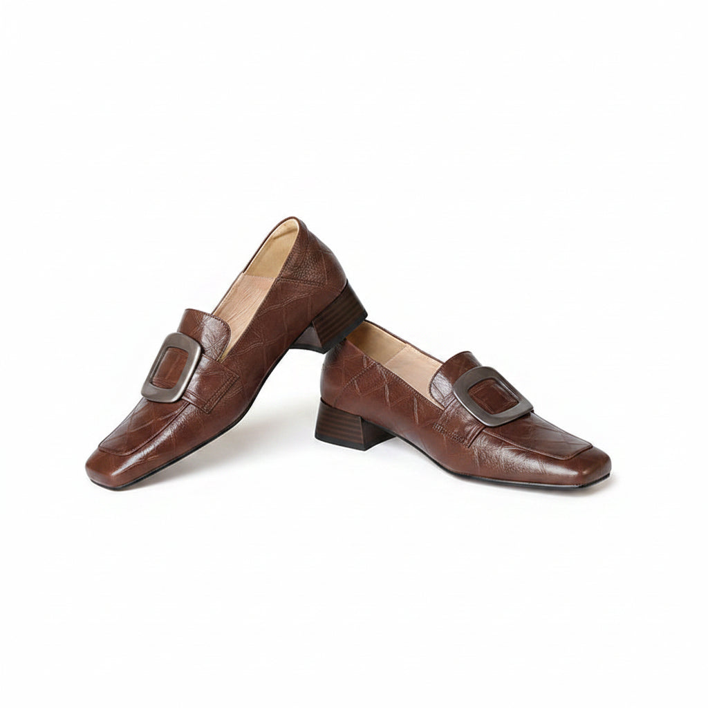 SQUARE TOE CROC EMBOSSED BLOCK HEELS