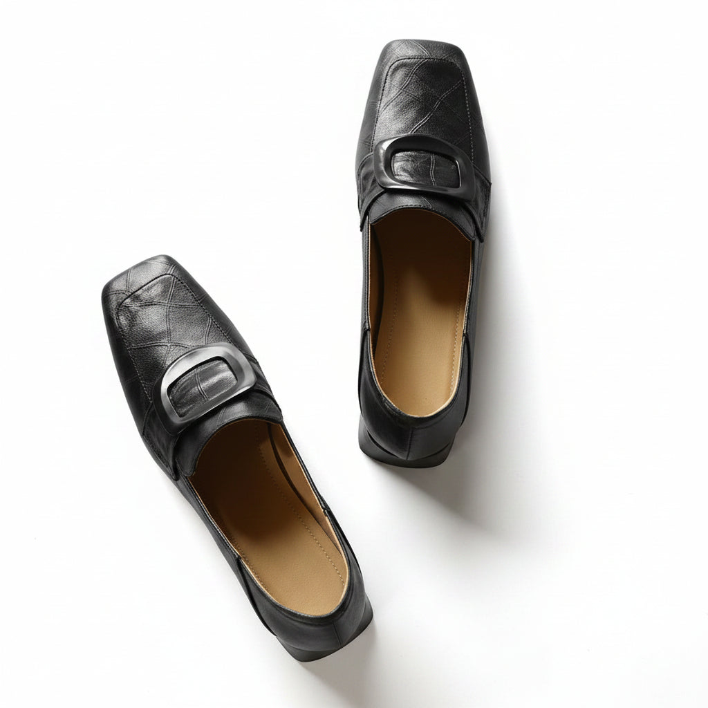 SQUARE TOE CROC EMBOSSED BLOCK HEELS