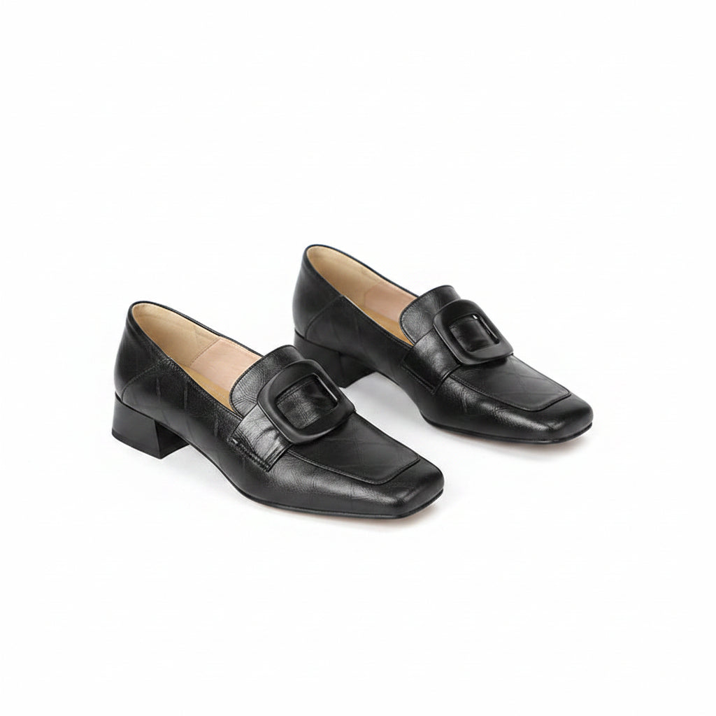 SQUARE TOE CROC EMBOSSED BLOCK HEELS