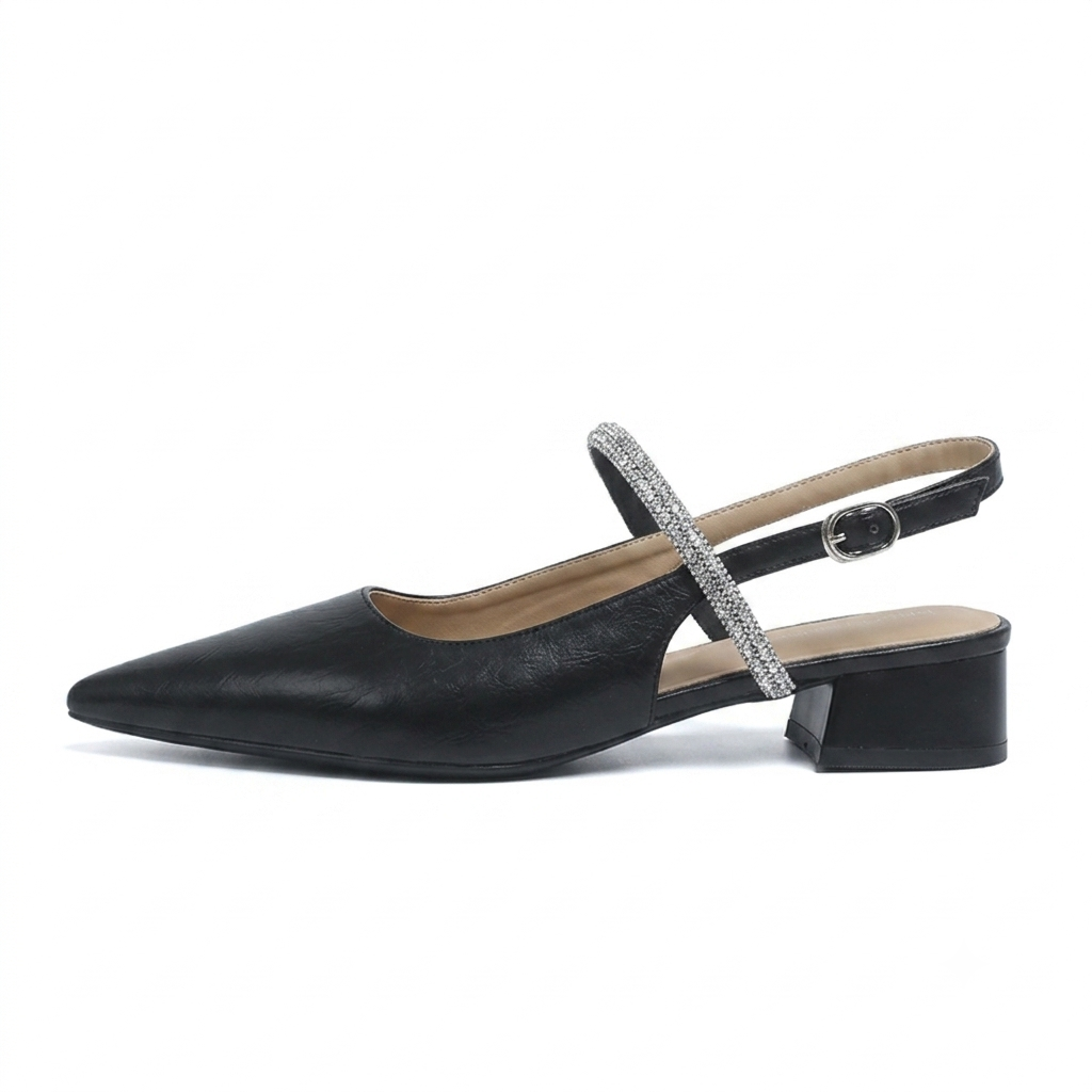 CRYSTAL STRAP POINTED TOE SLINGBACK BLOCK HEELS