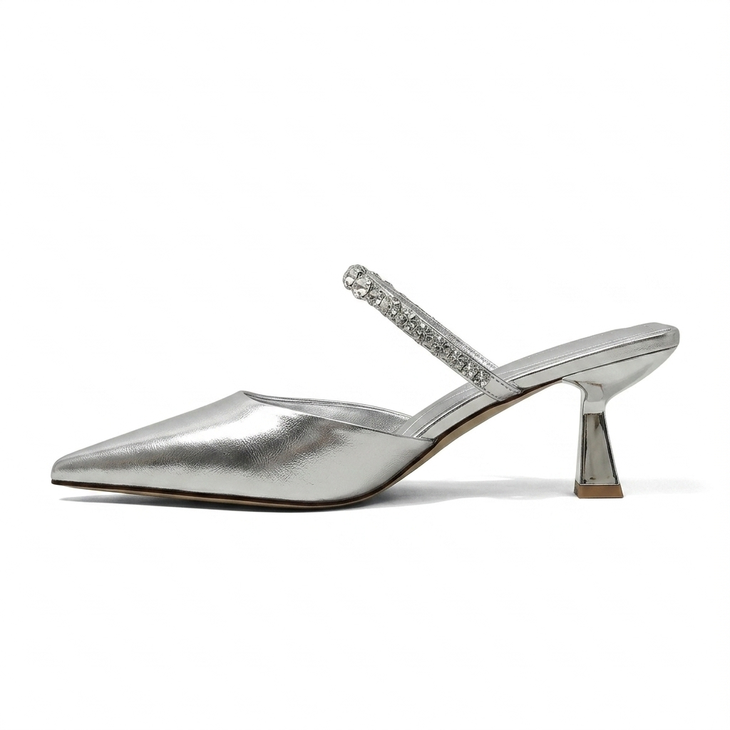 Women's Crystal Strap Flared Heel Mules