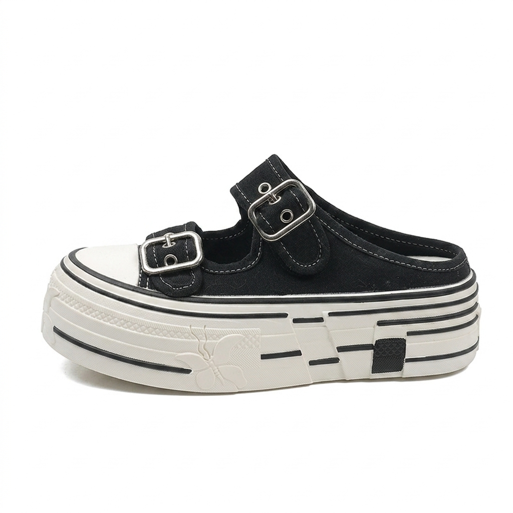 Women's Canvas Double Buckle Platform Mules