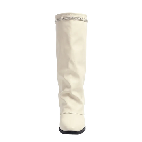 BEIGE SLOUCHY KNEE HIGH BOOTS