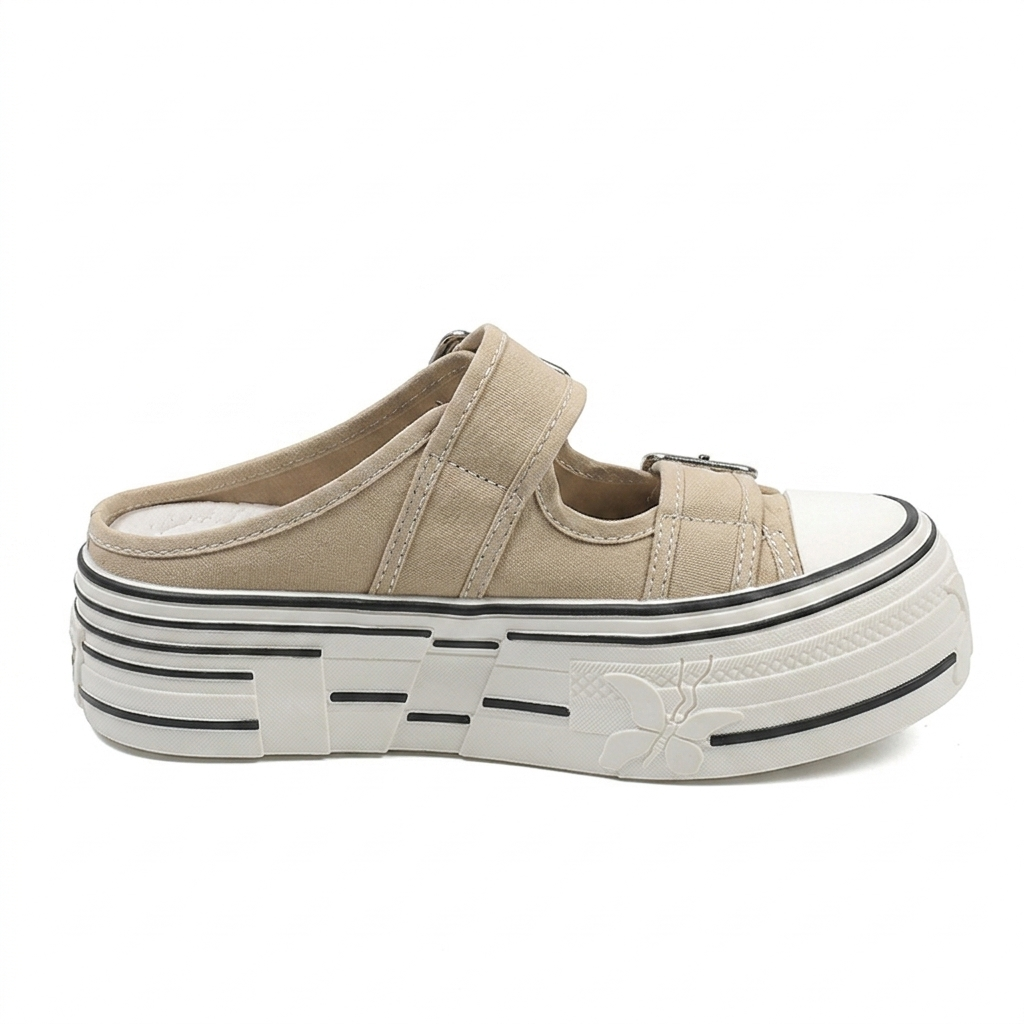 Women's Canvas Double Buckle Platform Mules