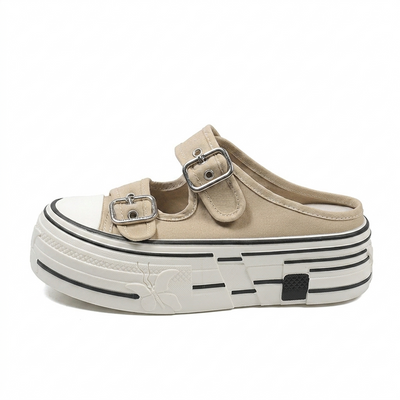Women's Canvas Double Buckle Platform Mules