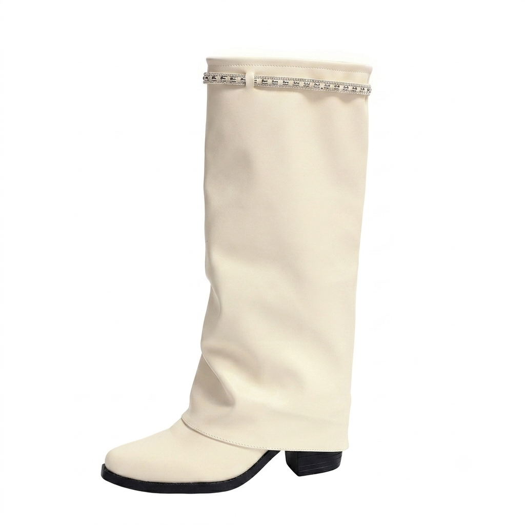 BEIGE SLOUCHY KNEE HIGH BOOTS