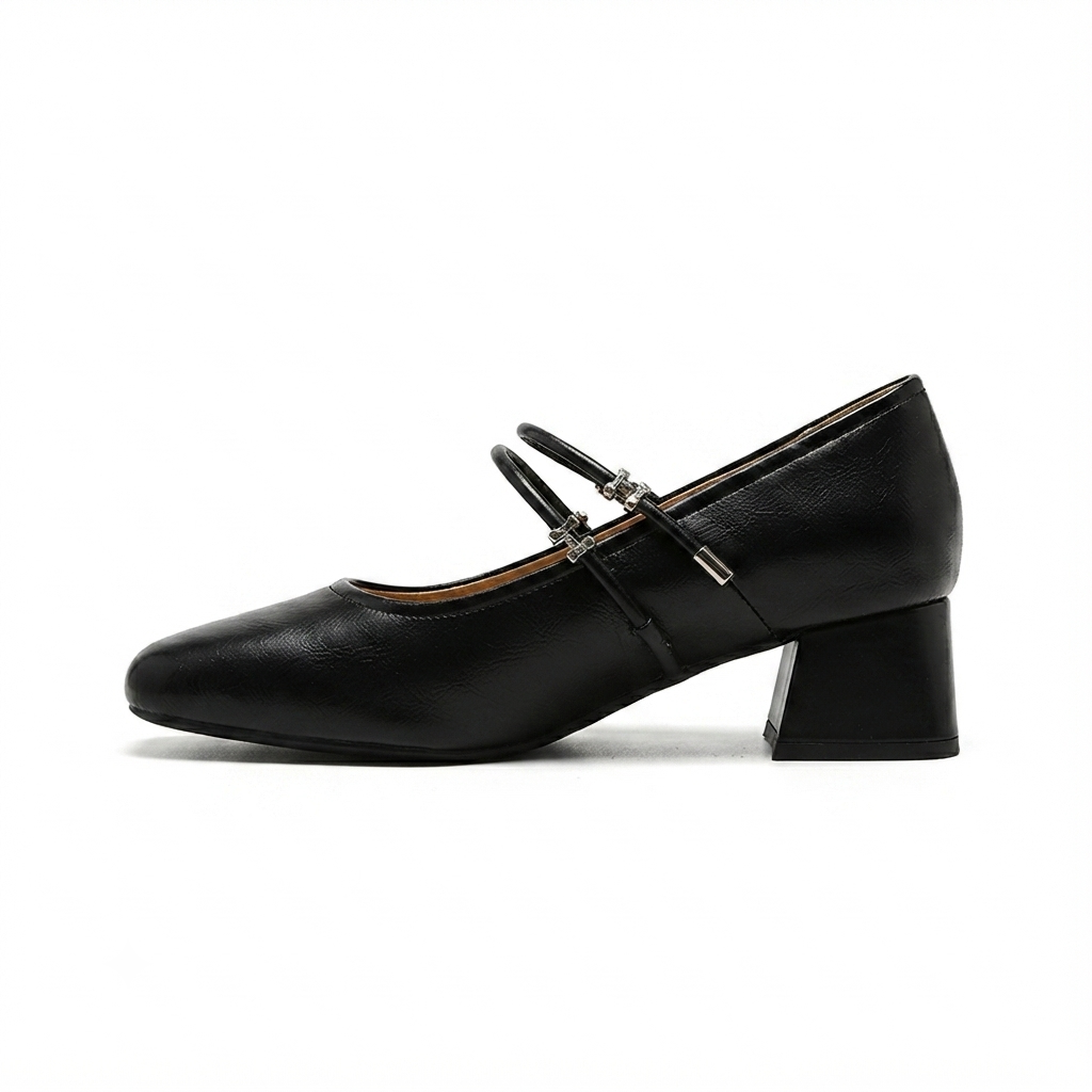 DOUBLE STRAP SQUARE TOE KITTEN HEELS