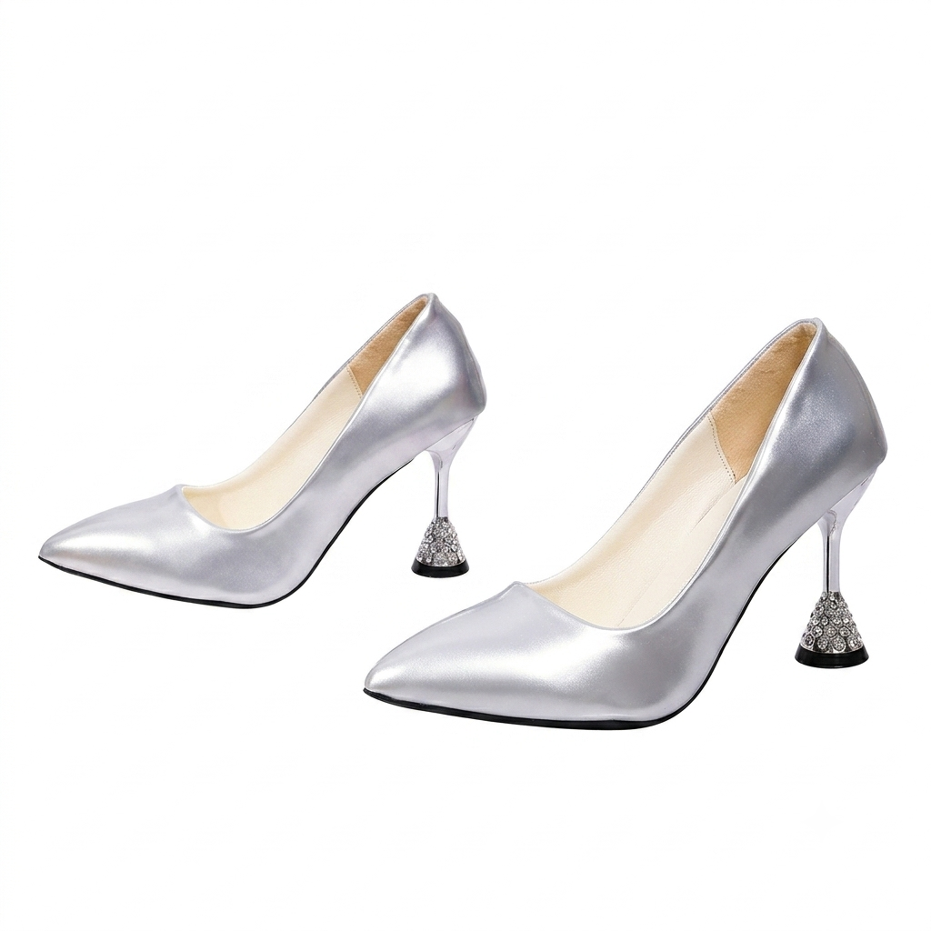 SILVER POINTED TOE RHINESTONE FLARE HIGH HEELS