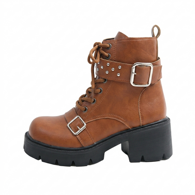 Women's Studded Buckle Lace Up Combat Boots