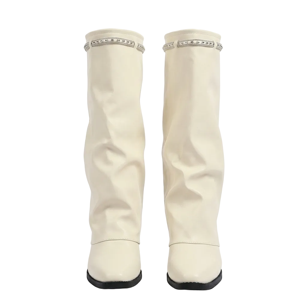 BEIGE SLOUCHY KNEE HIGH BOOTS