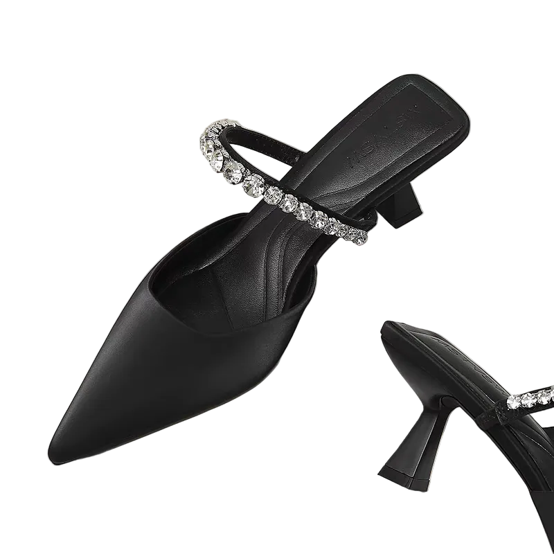Women's Crystal Strap Flared Heel Mules